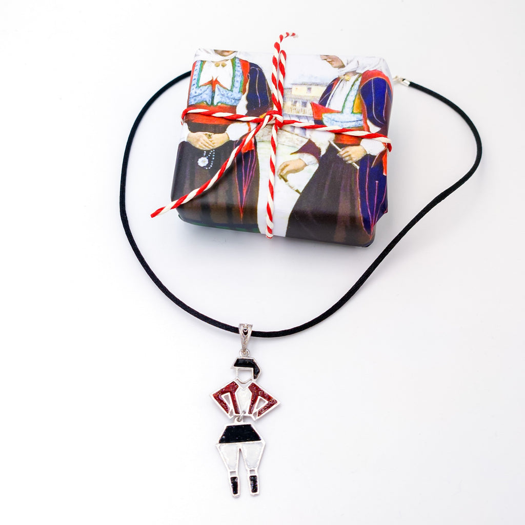 Collana con ciondolo "su ballu sardo" uomo snodato in filigrana d'argento con smalto