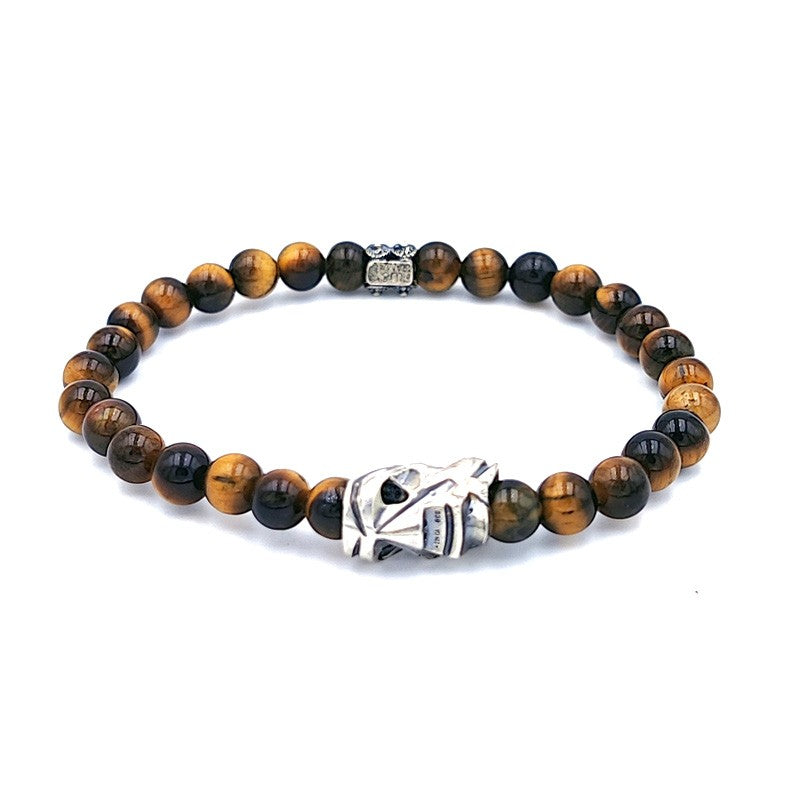 Bracciale elastico con pietra Bronzite e maschera sarda mamuthones in argento