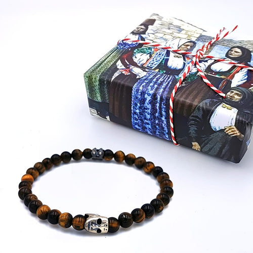 Elastic bracelet with Tiger's Eye stone and Sardinian silver mask
