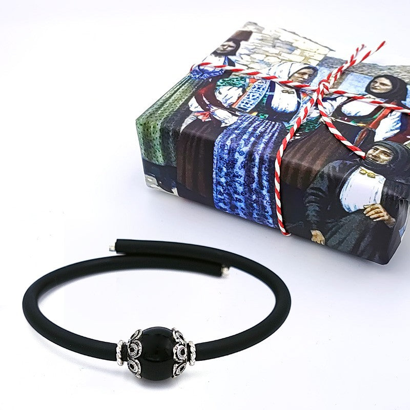 Bracciale sardo in caucciù con Kokkos e filigrana d'argento