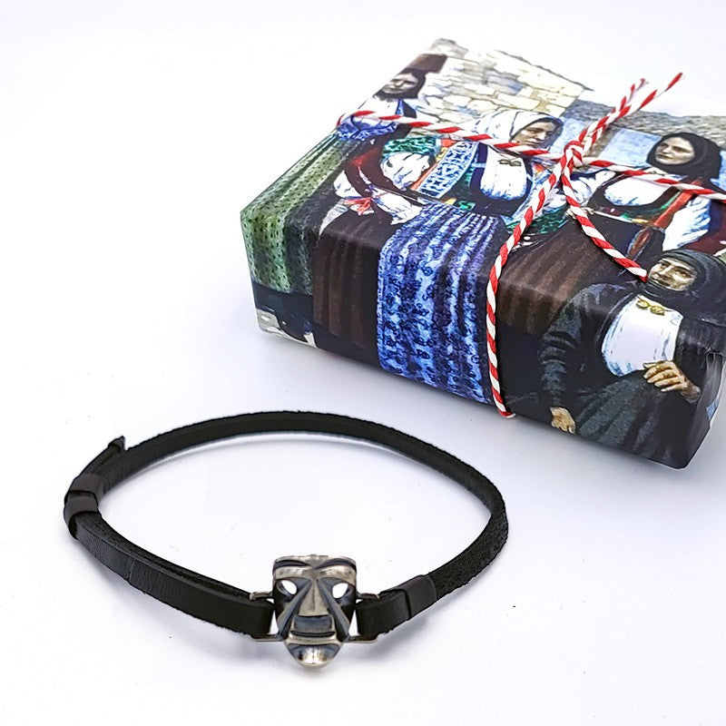Bracciale sardo in cuoio con maschera Mamuthones in argento