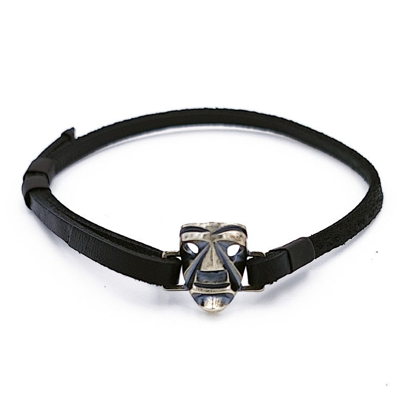 Bracciale sardo in cuoio con maschera Mamuthones in argento