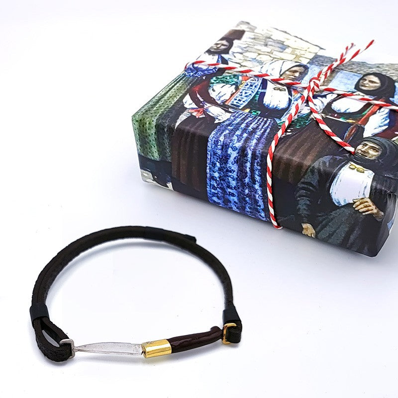 Bracciale sardo in cuoio con Pattada in argento