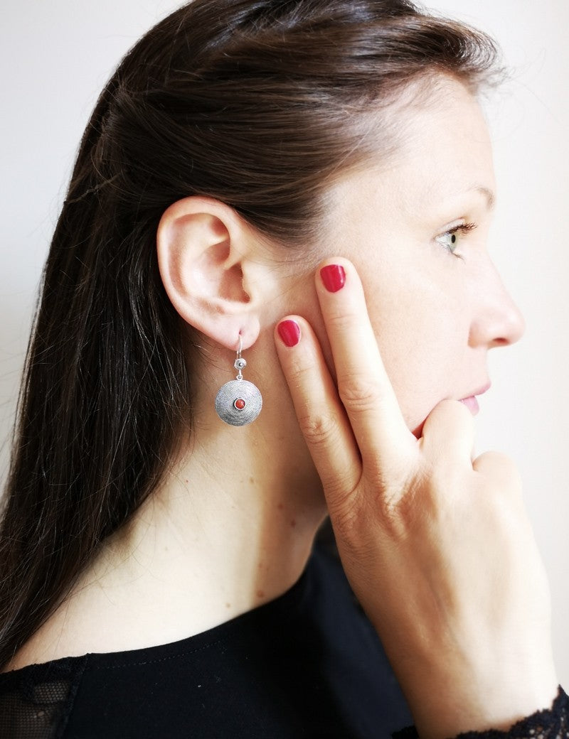 Sardinian silver "corbula" earrings with coral