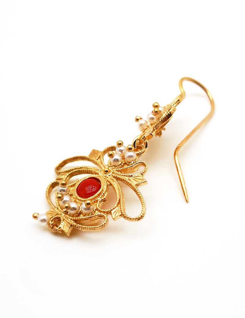 Sardinian silver filigree earrings with coral and pearls
