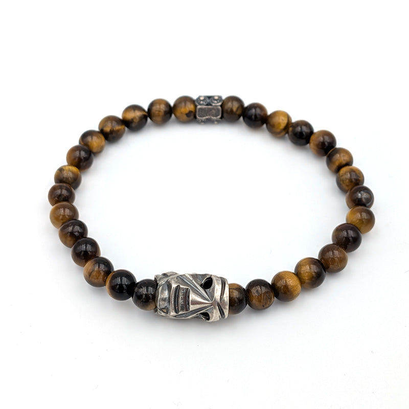 Elastic bracelet with Tiger's Eye stone and Sardinian silver mask