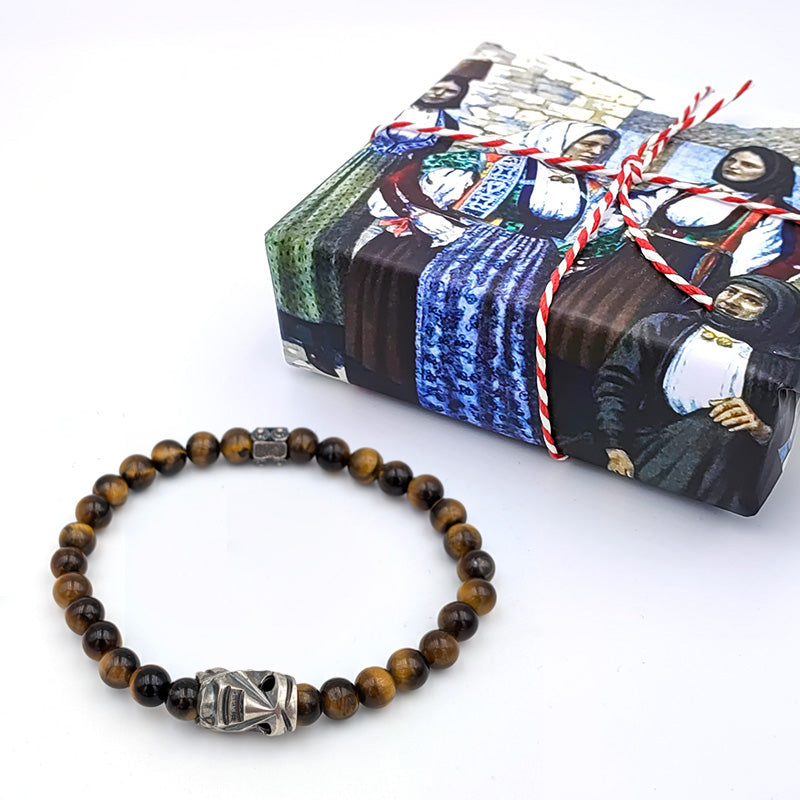Elastic bracelet with Tiger's Eye stone and Sardinian silver mask
