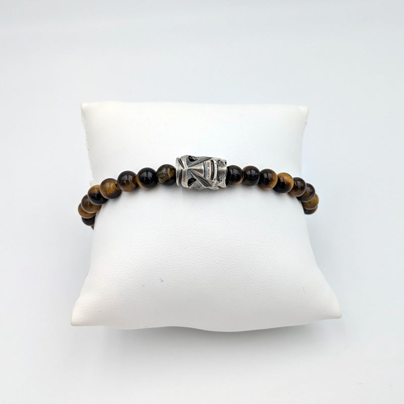 Elastic bracelet with Tiger's Eye stone and Sardinian silver mask