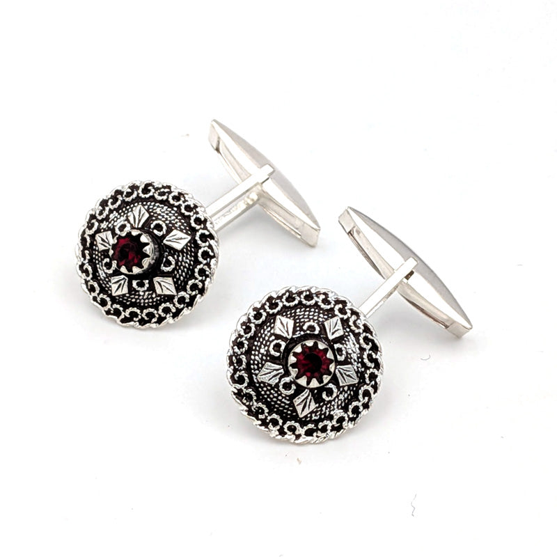 Sardinian button cufflinks in silver filigree, granules, and red stone