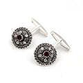 Sardinian button cufflinks in silver filigree, granules, and red stone