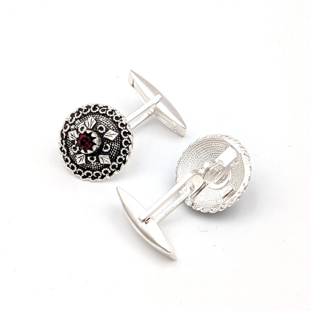 Sardinian button cufflinks in silver filigree, granules, and red stone