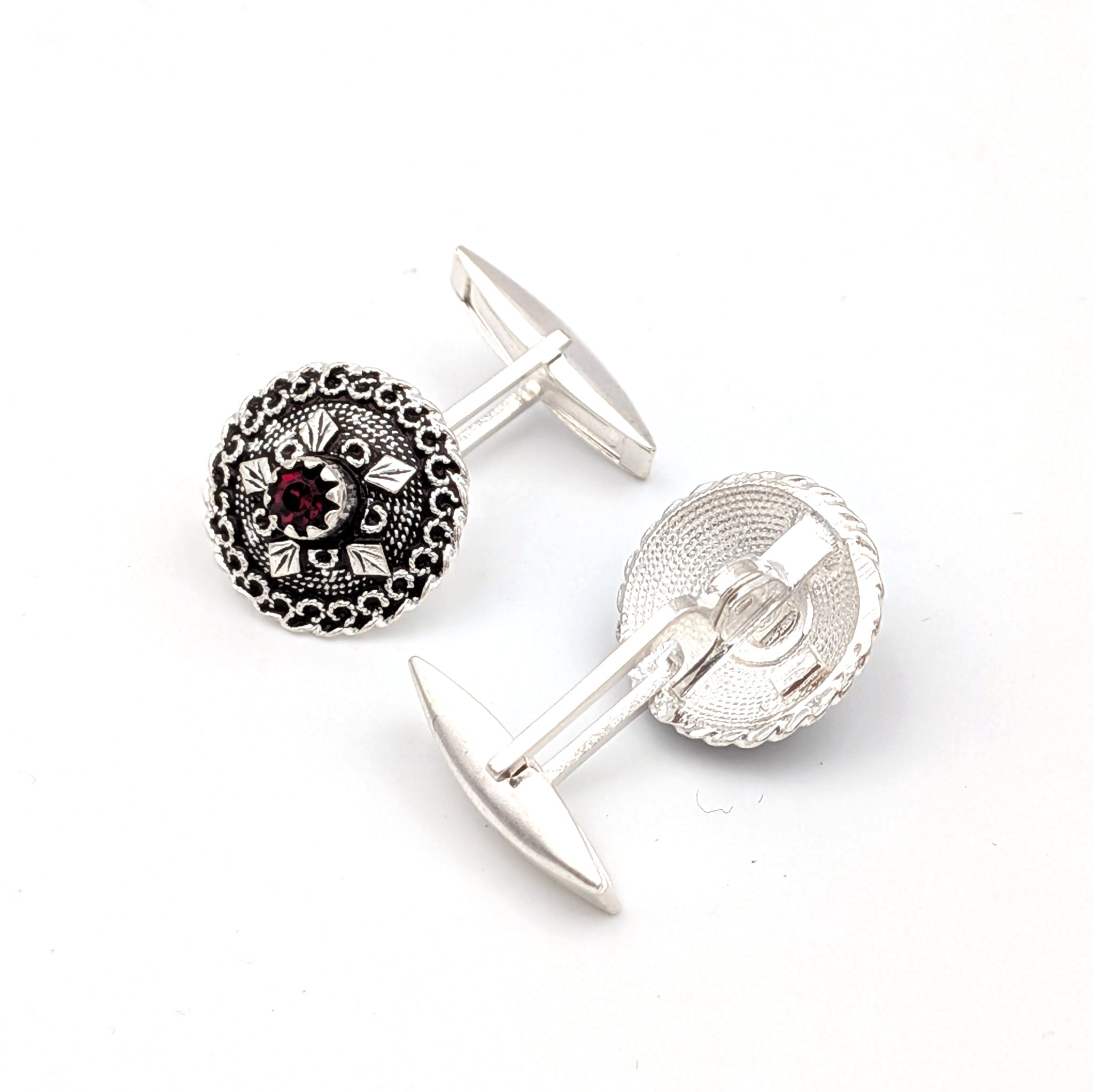 Sardinian button cufflinks in silver filigree, granules, and red stone