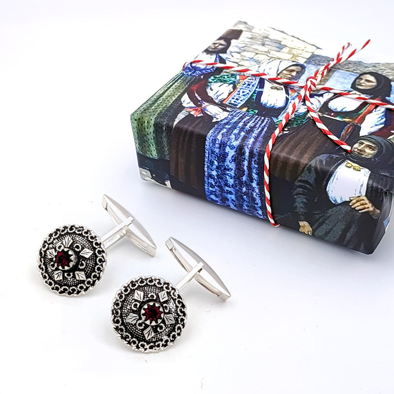 Sardinian button cufflinks in silver filigree, granules, and red stone