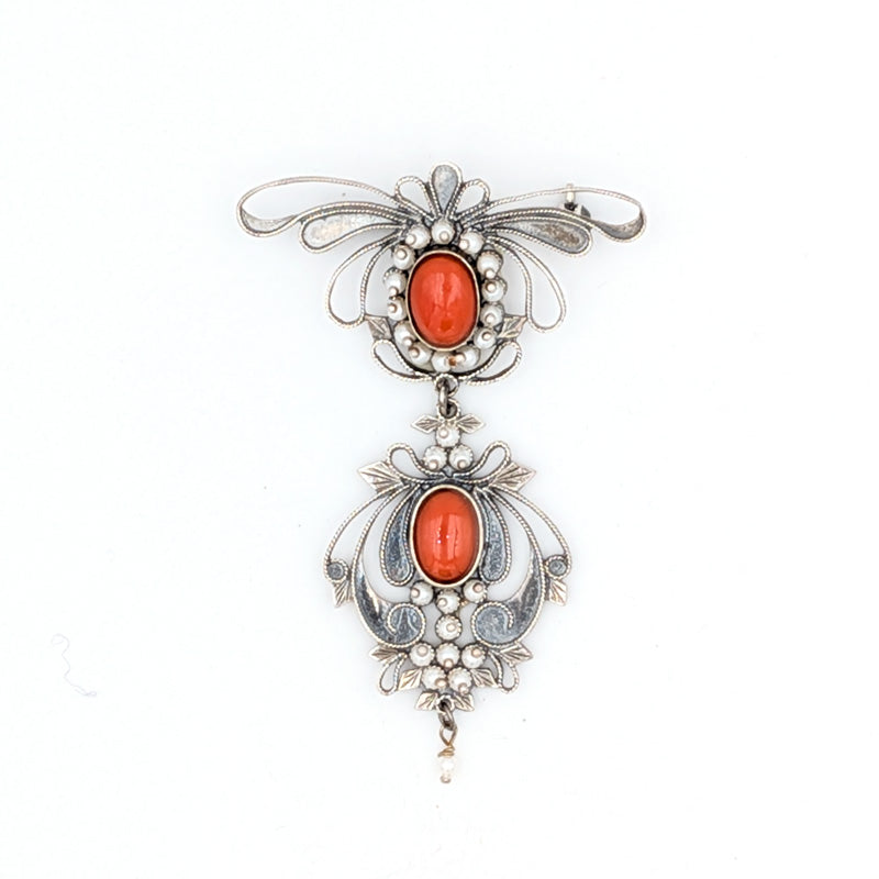 Sardinian silver filigree brooch with corals and beads