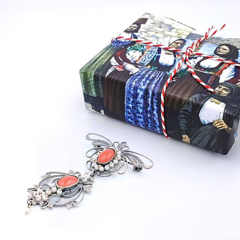 Sardinian silver filigree brooch with corals and beads